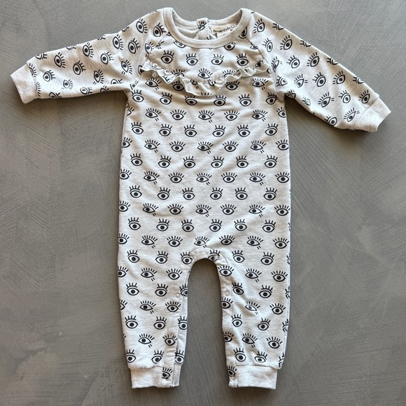 Peas & Queues Eye French Terry Long Sleeve Snap Bottom Ruffled Toddler Jumpsuit - Picture 4 of 6